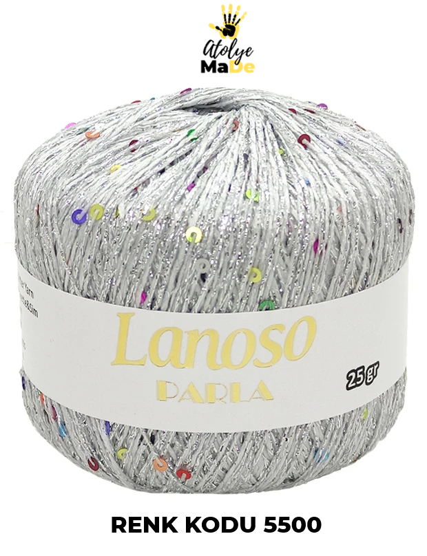 Lanoso Parla - Yumuşak Simli Pullu El Örgü İpi - %75 Glitter Yarn %25 Payette&Sim 217mt 25gr